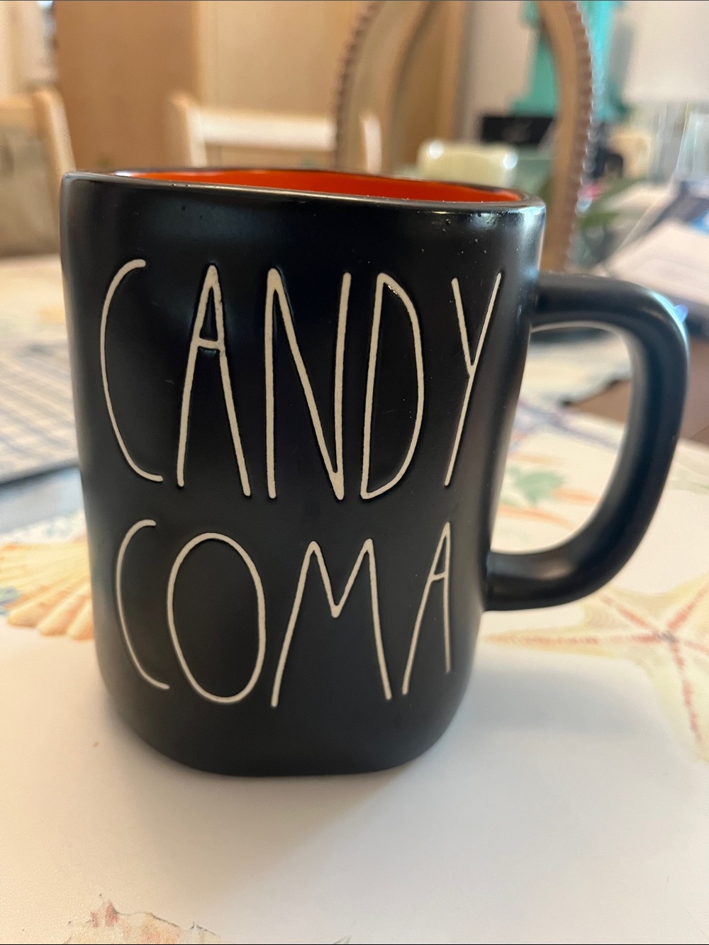 Rae Dunn Black Mug with Orange Interior - "CANDY COMA"